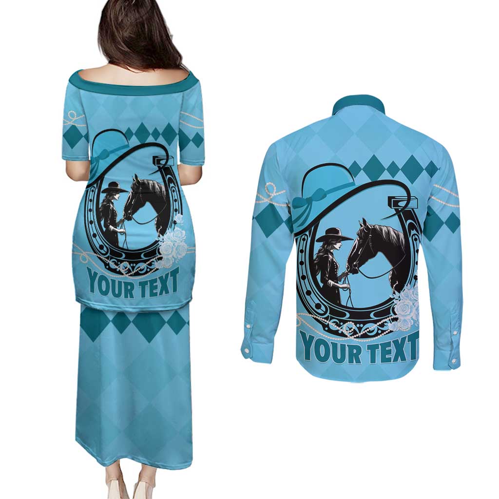 Personalized Kentucky Horse Racing Couples Matching Puletasi and Long Sleeve Button Shirt Beauty and The Horse Blue Version LT01