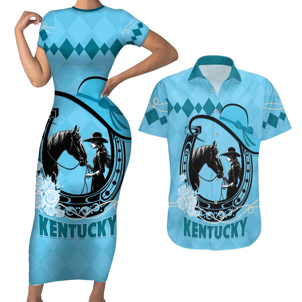 Personalized Kentucky Horse Racing Couples Matching Short Sleeve Bodycon Dress and Hawaiian Shirt Beauty and The Horse Blue Version LT01
