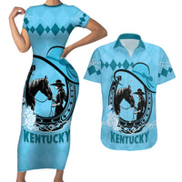 Personalized Kentucky Horse Racing Couples Matching Short Sleeve Bodycon Dress and Hawaiian Shirt Beauty and The Horse Blue Version LT01