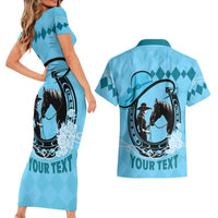 Personalized Kentucky Horse Racing Couples Matching Short Sleeve Bodycon Dress and Hawaiian Shirt Beauty and The Horse Blue Version LT01