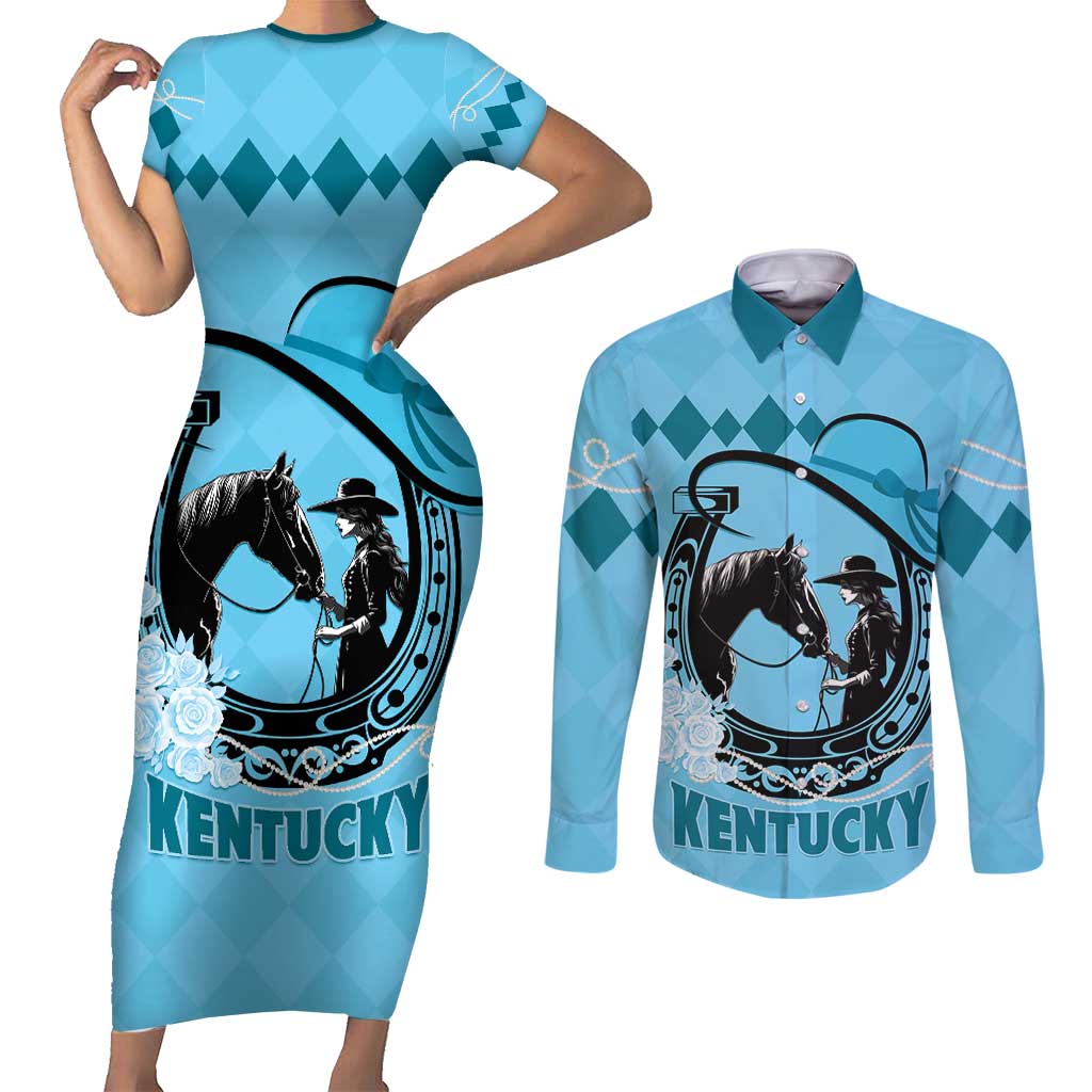 Personalized Kentucky Horse Racing Couples Matching Short Sleeve Bodycon Dress and Long Sleeve Button Shirt Beauty and The Horse Blue Version LT01