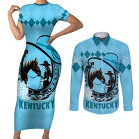 Personalized Kentucky Horse Racing Couples Matching Short Sleeve Bodycon Dress and Long Sleeve Button Shirt Beauty and The Horse Blue Version LT01