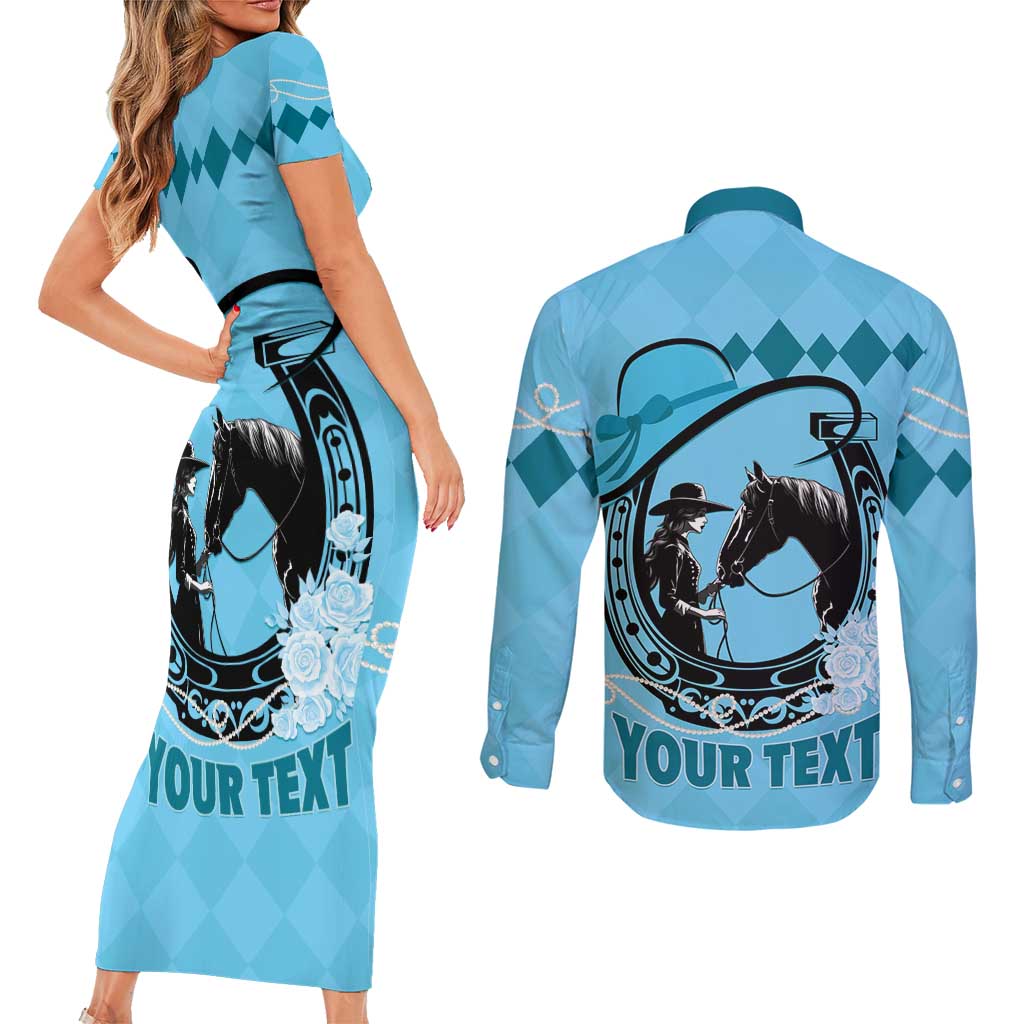 Personalized Kentucky Horse Racing Couples Matching Short Sleeve Bodycon Dress and Long Sleeve Button Shirt Beauty and The Horse Blue Version LT01