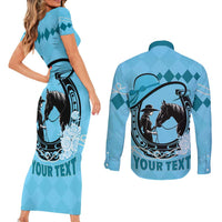 Personalized Kentucky Horse Racing Couples Matching Short Sleeve Bodycon Dress and Long Sleeve Button Shirt Beauty and The Horse Blue Version LT01