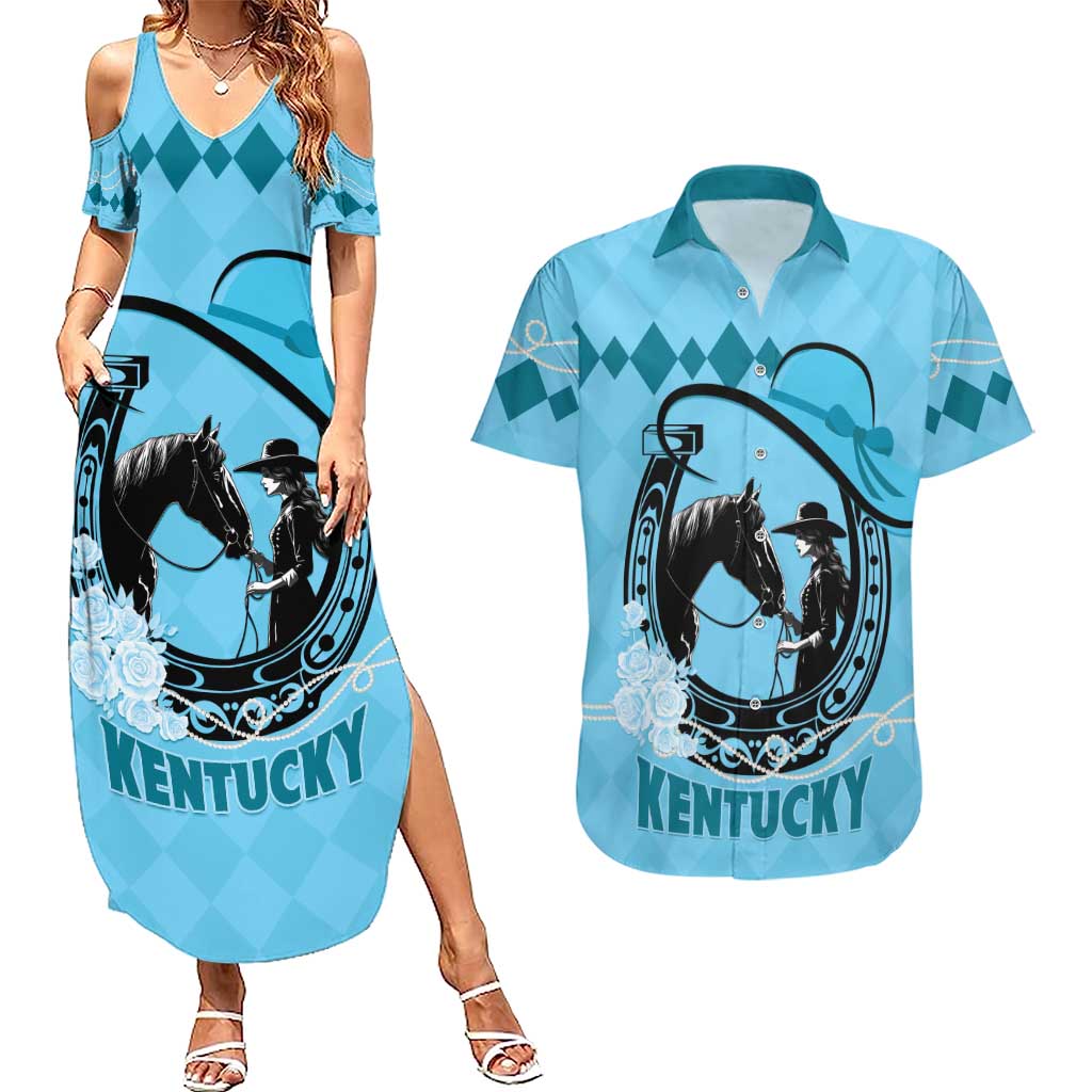 Personalized Kentucky Horse Racing Couples Matching Summer Maxi Dress and Hawaiian Shirt Beauty and The Horse Blue Version LT01