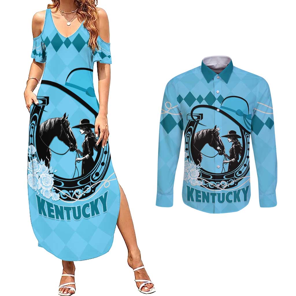 Personalized Kentucky Horse Racing Couples Matching Summer Maxi Dress and Long Sleeve Button Shirt Beauty and The Horse Blue Version LT01