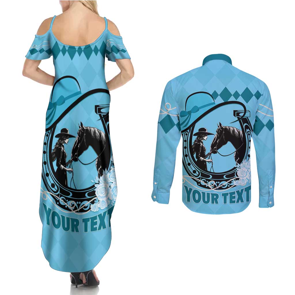 Personalized Kentucky Horse Racing Couples Matching Summer Maxi Dress and Long Sleeve Button Shirt Beauty and The Horse Blue Version LT01