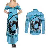 Personalized Kentucky Horse Racing Couples Matching Summer Maxi Dress and Long Sleeve Button Shirt Beauty and The Horse Blue Version LT01