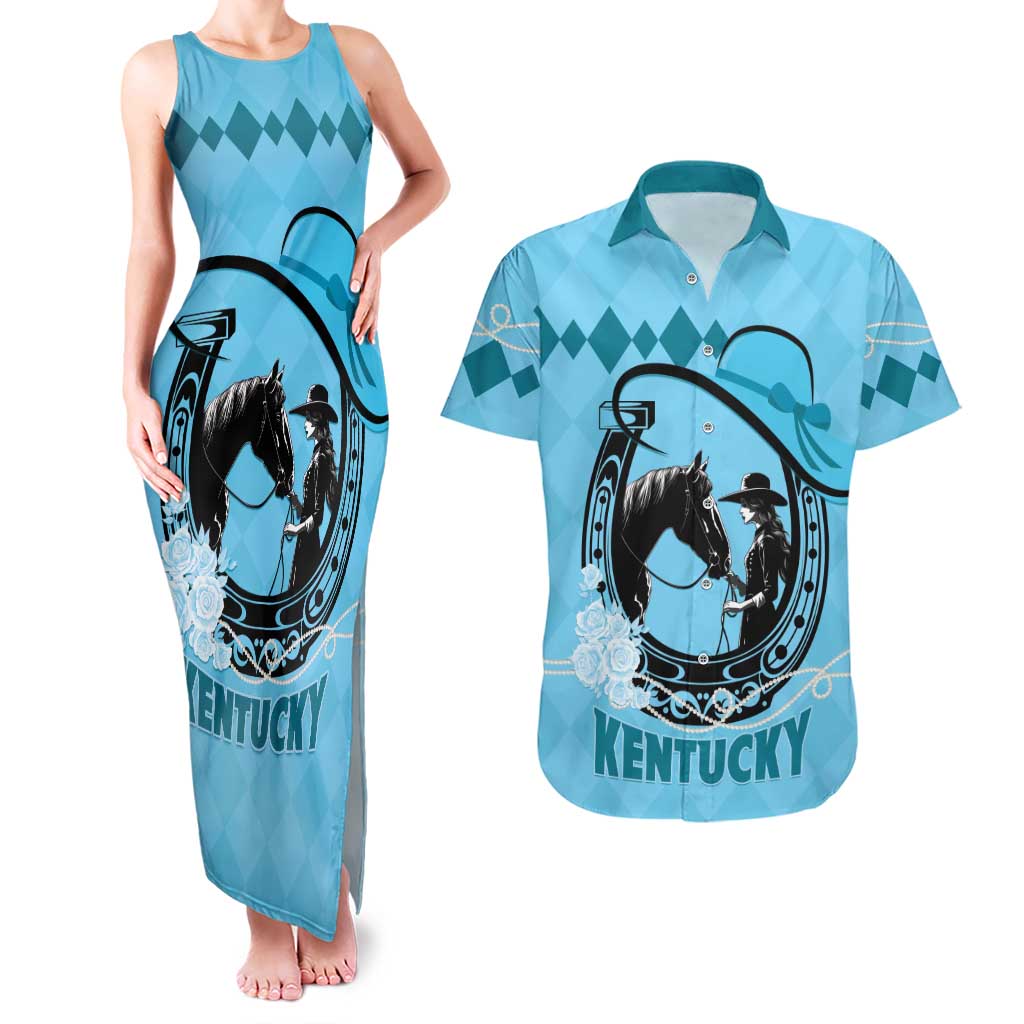 Personalized Kentucky Horse Racing Couples Matching Tank Maxi Dress and Hawaiian Shirt Beauty and The Horse Blue Version LT01