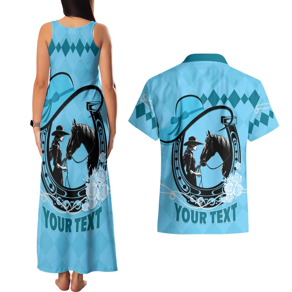 Personalized Kentucky Horse Racing Couples Matching Tank Maxi Dress and Hawaiian Shirt Beauty and The Horse Blue Version LT01