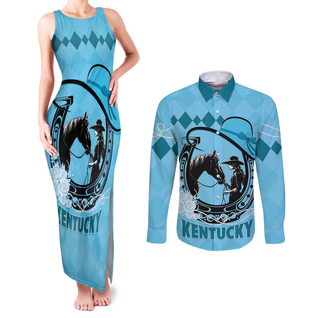 Personalized Kentucky Horse Racing Couples Matching Tank Maxi Dress and Long Sleeve Button Shirt Beauty and The Horse Blue Version LT01