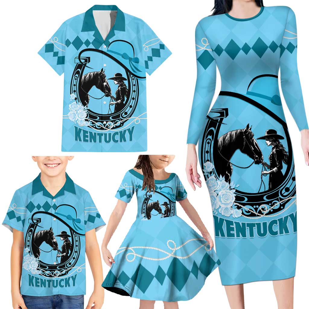 Personalized Kentucky Horse Racing Family Matching Long Sleeve Bodycon Dress and Hawaiian Shirt Beauty and The Horse Blue Version LT01