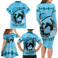 Personalized Kentucky Horse Racing Family Matching Long Sleeve Bodycon Dress and Hawaiian Shirt Beauty and The Horse Blue Version LT01