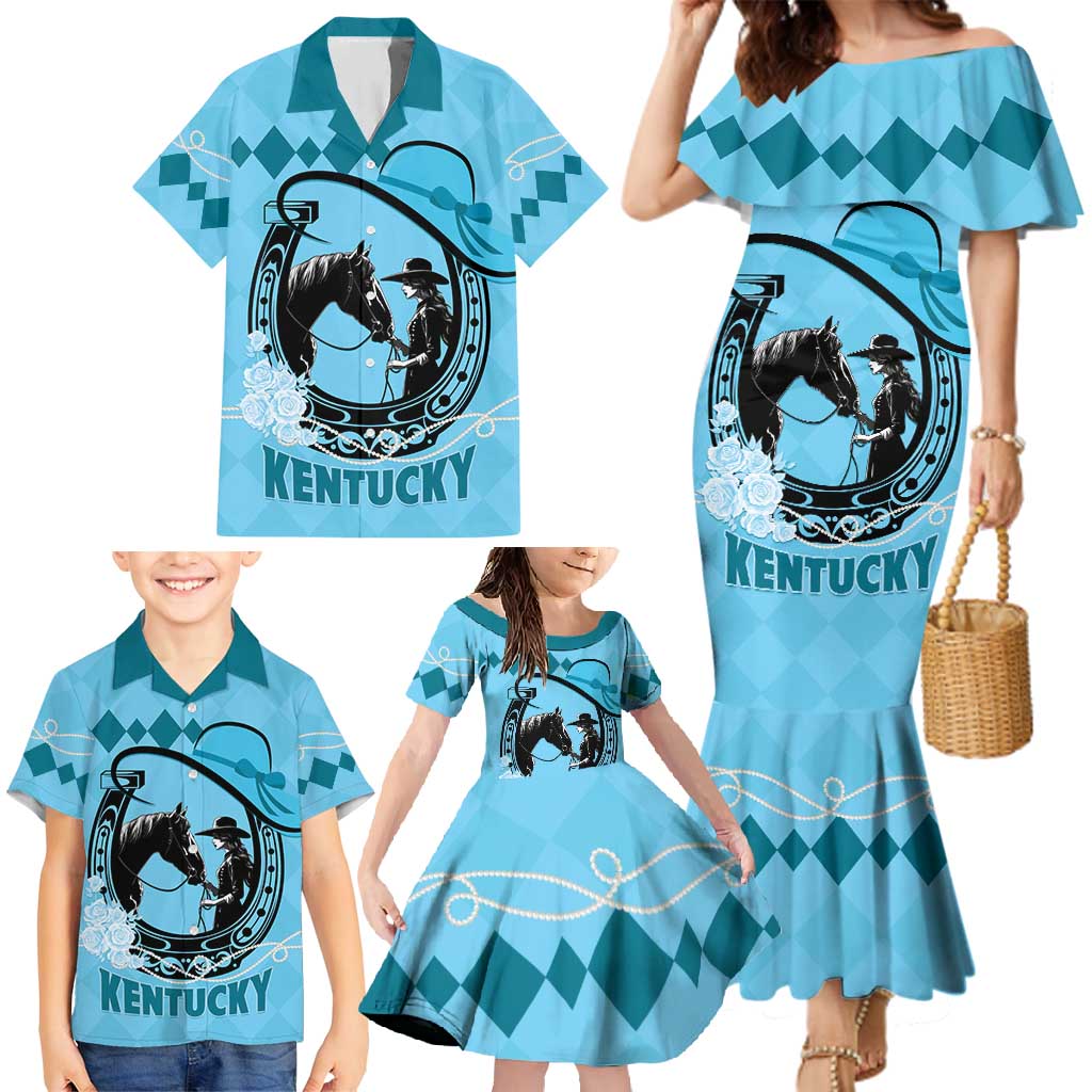 Personalized Kentucky Horse Racing Family Matching Mermaid Dress and Hawaiian Shirt Beauty and The Horse Blue Version LT01