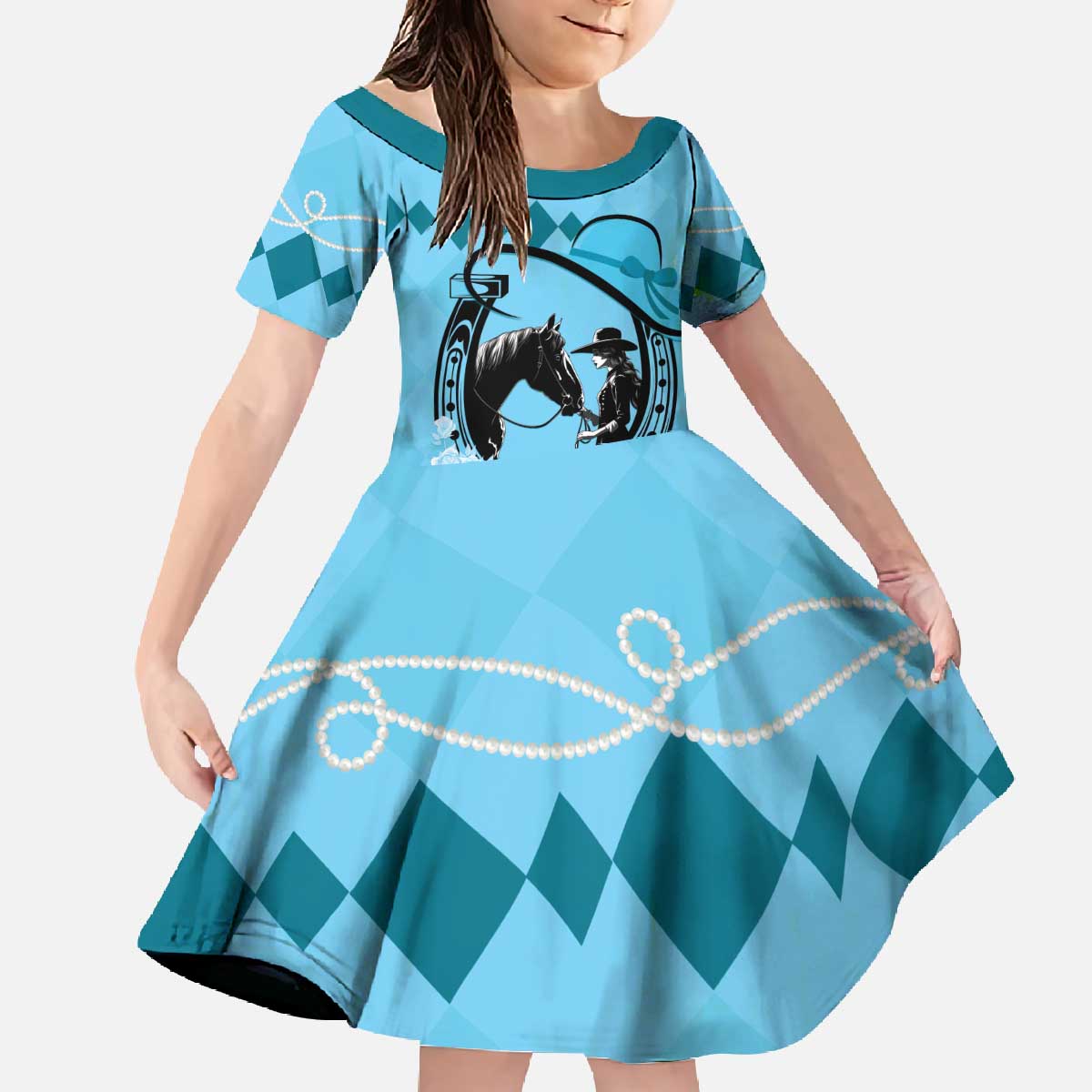 Personalized Kentucky Horse Racing Family Matching Off The Shoulder Long Sleeve Dress and Hawaiian Shirt Beauty and The Horse Blue Version LT01
