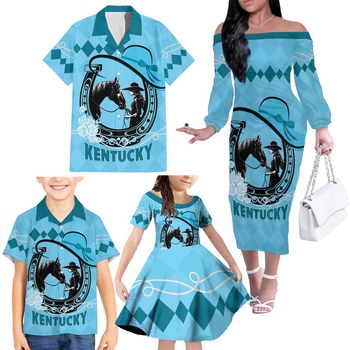 Personalized Kentucky Horse Racing Family Matching Off The Shoulder Long Sleeve Dress and Hawaiian Shirt Beauty and The Horse Blue Version LT01