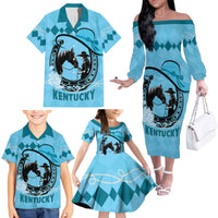 Personalized Kentucky Horse Racing Family Matching Off The Shoulder Long Sleeve Dress and Hawaiian Shirt Beauty and The Horse Blue Version LT01