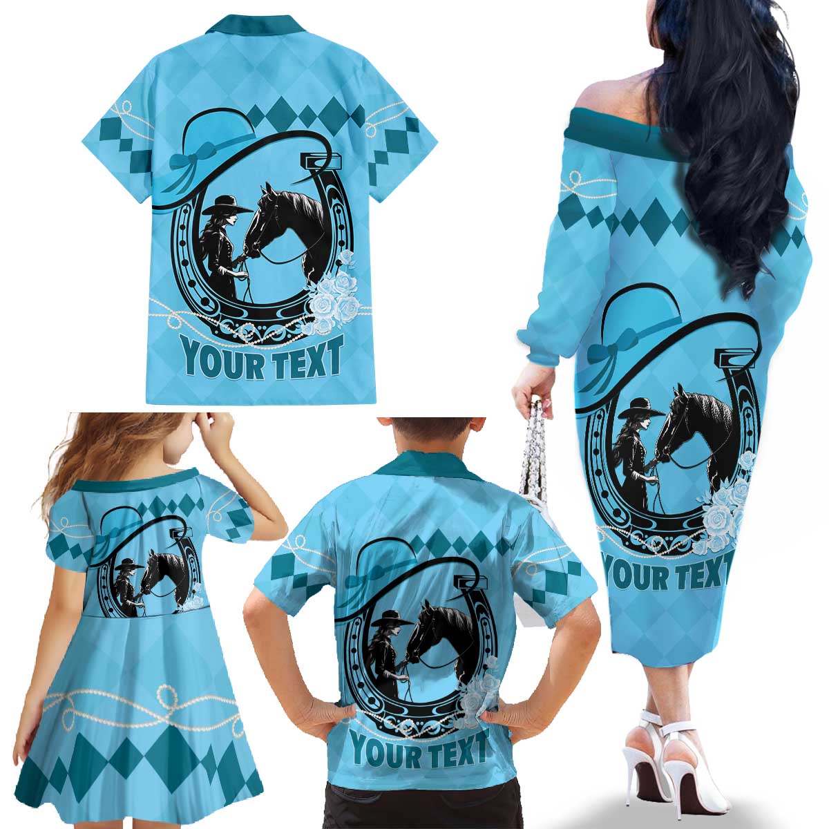 Personalized Kentucky Horse Racing Family Matching Off The Shoulder Long Sleeve Dress and Hawaiian Shirt Beauty and The Horse Blue Version LT01