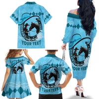 Personalized Kentucky Horse Racing Family Matching Off The Shoulder Long Sleeve Dress and Hawaiian Shirt Beauty and The Horse Blue Version LT01