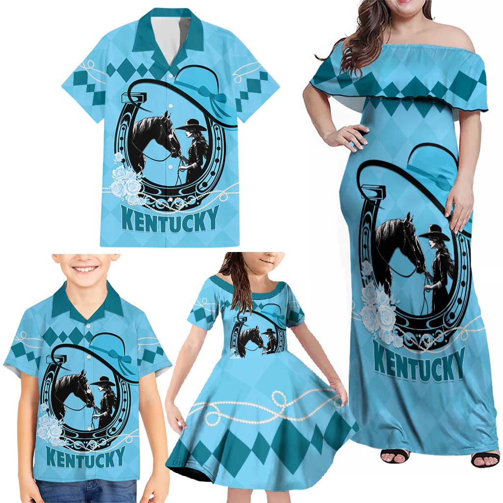 Personalized Kentucky Horse Racing Family Matching Off Shoulder Maxi Dress and Hawaiian Shirt Beauty and The Horse Blue Version LT01