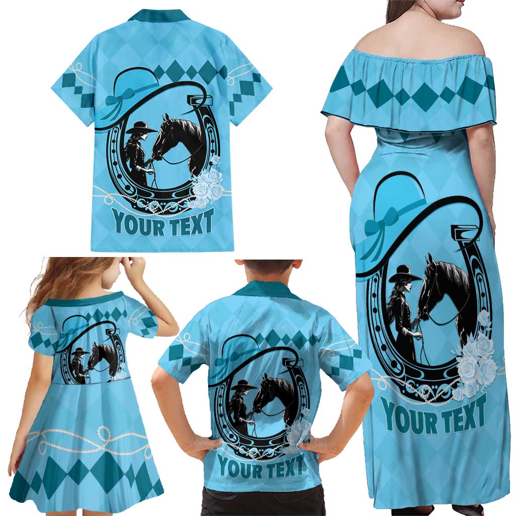 Personalized Kentucky Horse Racing Family Matching Off Shoulder Maxi Dress and Hawaiian Shirt Beauty and The Horse Blue Version LT01