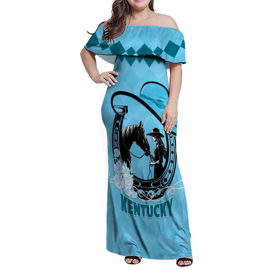 Personalized Kentucky Horse Racing Family Matching Off Shoulder Maxi Dress and Hawaiian Shirt Beauty and The Horse Blue Version LT01