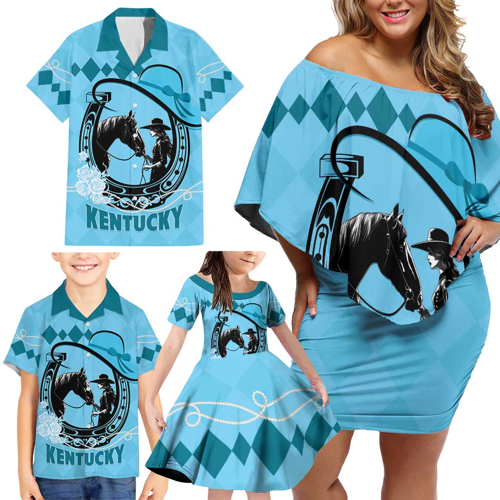 Personalized Kentucky Horse Racing Family Matching Off Shoulder Short Dress and Hawaiian Shirt Beauty and The Horse Blue Version LT01