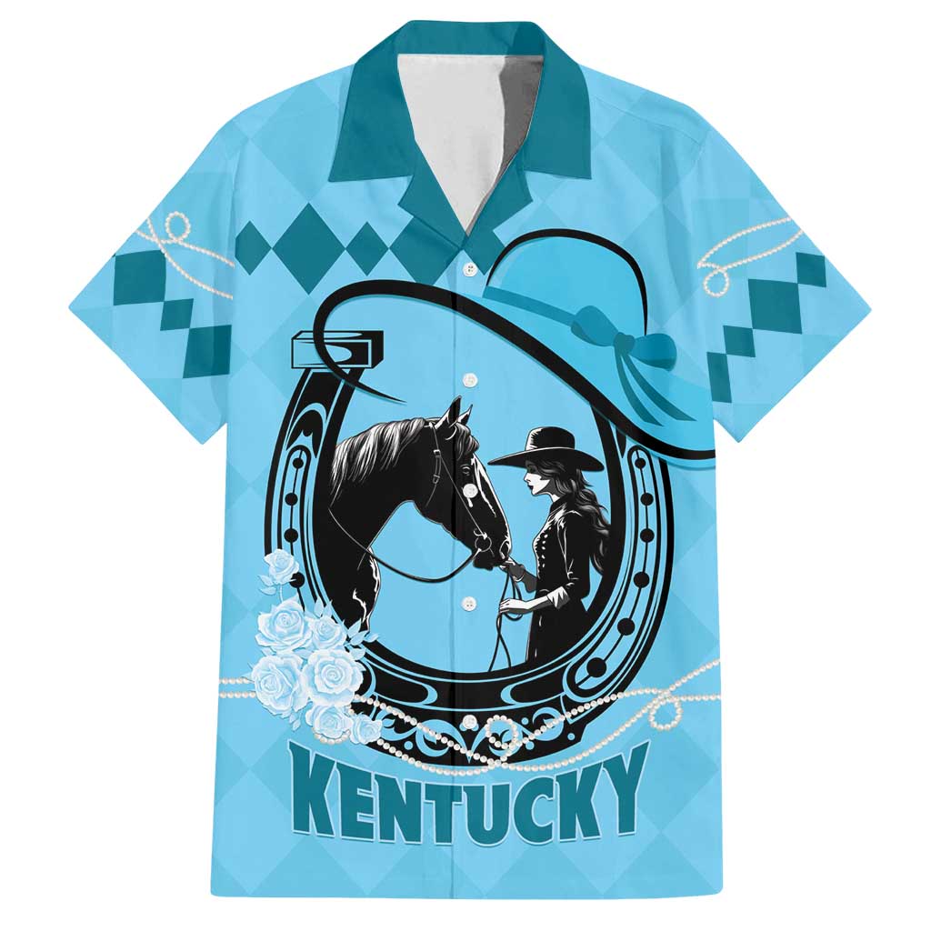 Personalized Kentucky Horse Racing Family Matching Off Shoulder Short Dress and Hawaiian Shirt Beauty and The Horse Blue Version LT01