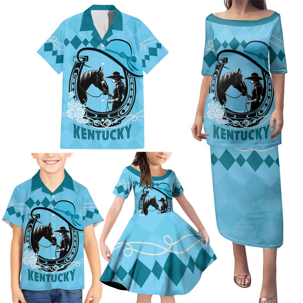 Personalized Kentucky Horse Racing Family Matching Puletasi and Hawaiian Shirt Beauty and The Horse Blue Version LT01
