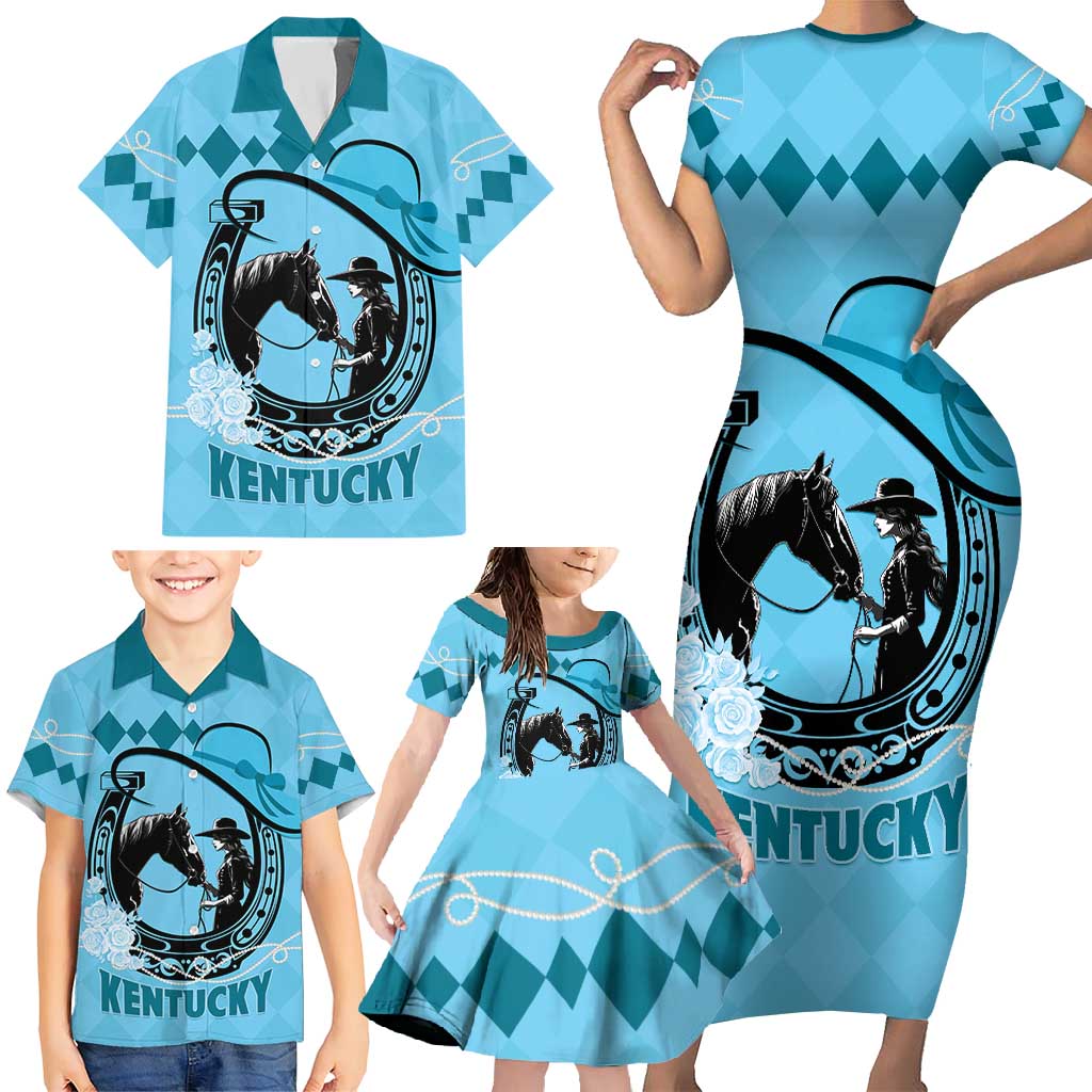 Personalized Kentucky Horse Racing Family Matching Short Sleeve Bodycon Dress and Hawaiian Shirt Beauty and The Horse Blue Version LT01
