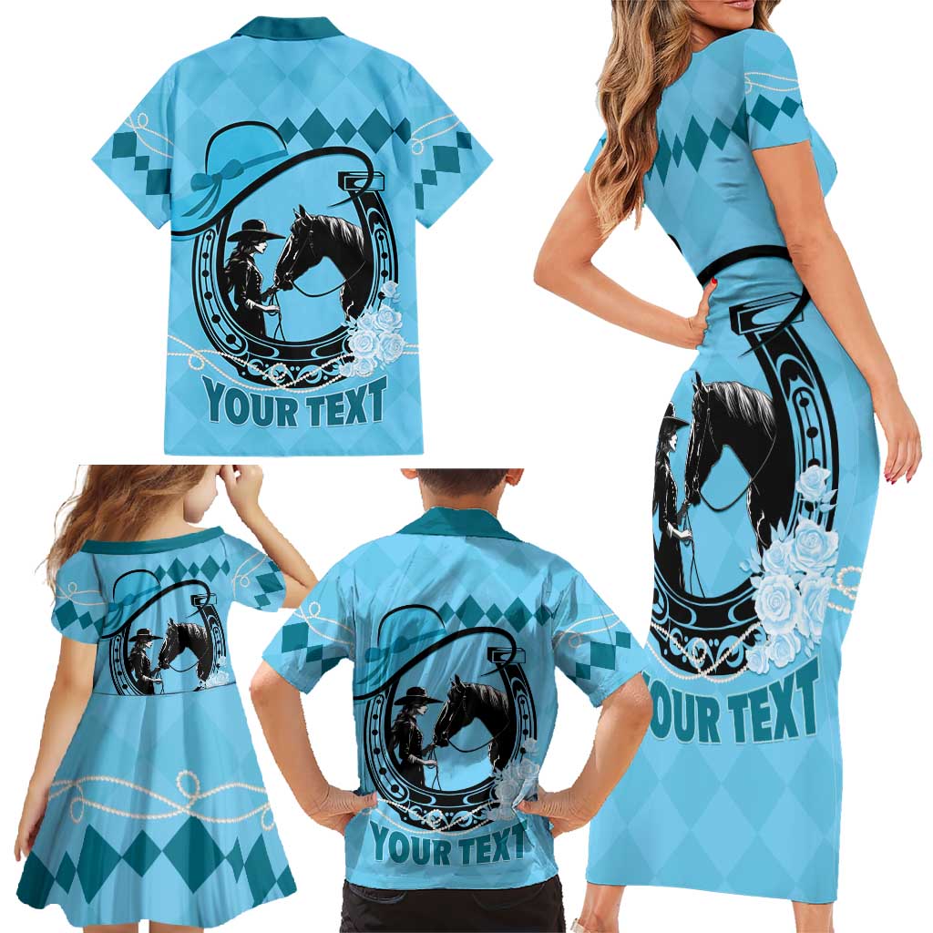Personalized Kentucky Horse Racing Family Matching Short Sleeve Bodycon Dress and Hawaiian Shirt Beauty and The Horse Blue Version LT01