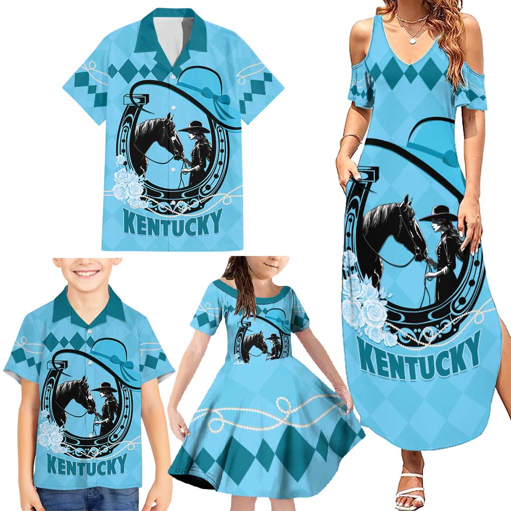 Personalized Kentucky Horse Racing Family Matching Summer Maxi Dress and Hawaiian Shirt Beauty and The Horse Blue Version LT01