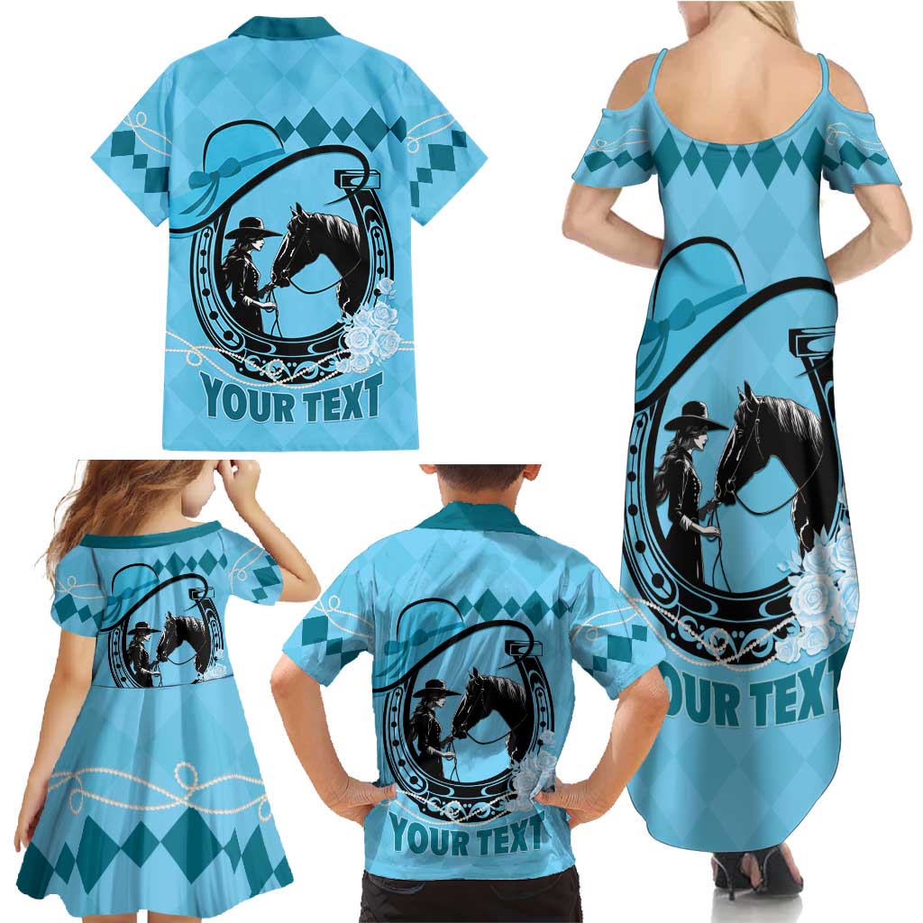 Personalized Kentucky Horse Racing Family Matching Summer Maxi Dress and Hawaiian Shirt Beauty and The Horse Blue Version LT01