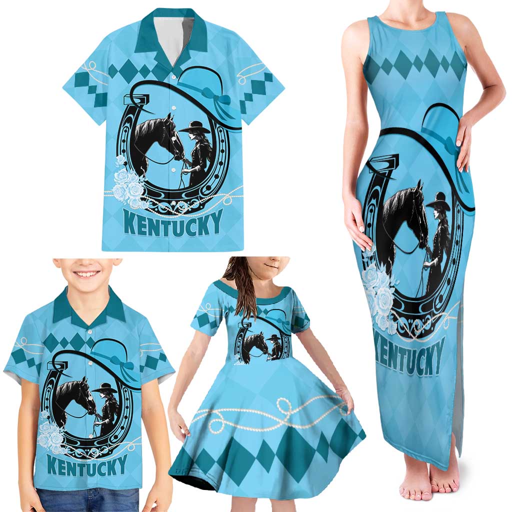 Personalized Kentucky Horse Racing Family Matching Tank Maxi Dress and Hawaiian Shirt Beauty and The Horse Blue Version LT01