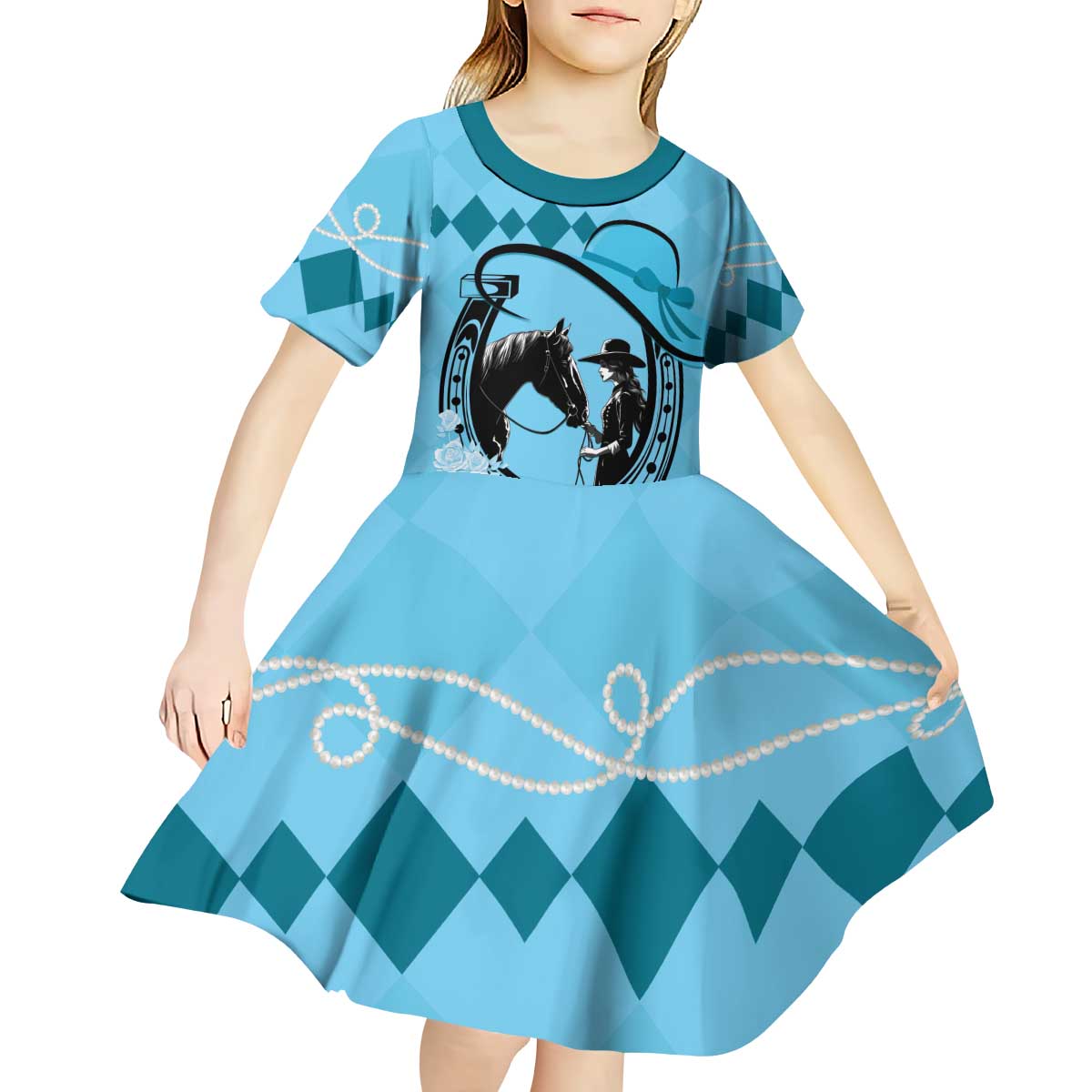Personalized Kentucky Horse Racing Kid Short Sleeve Dress Beauty and The Horse Blue Version LT01