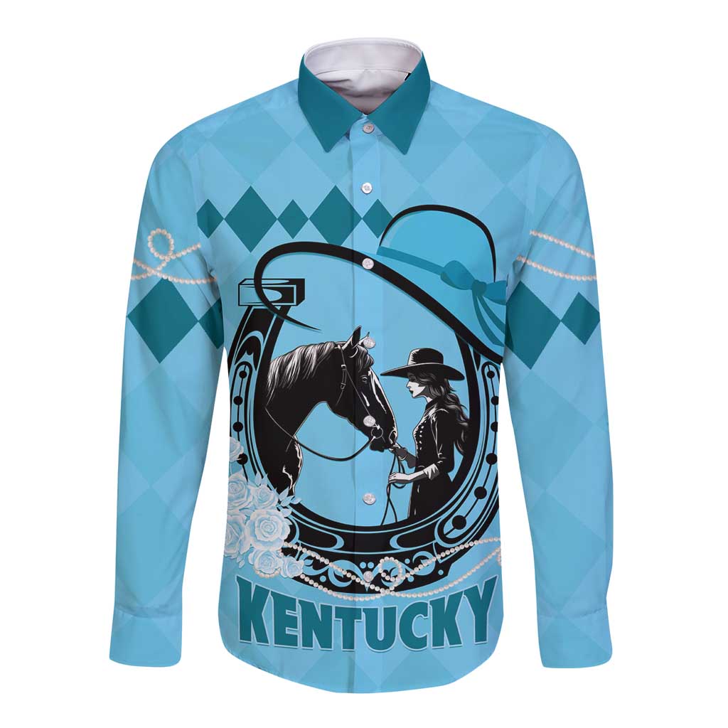 Personalized Kentucky Horse Racing Long Sleeve Button Shirt Beauty and The Horse Blue Version LT01