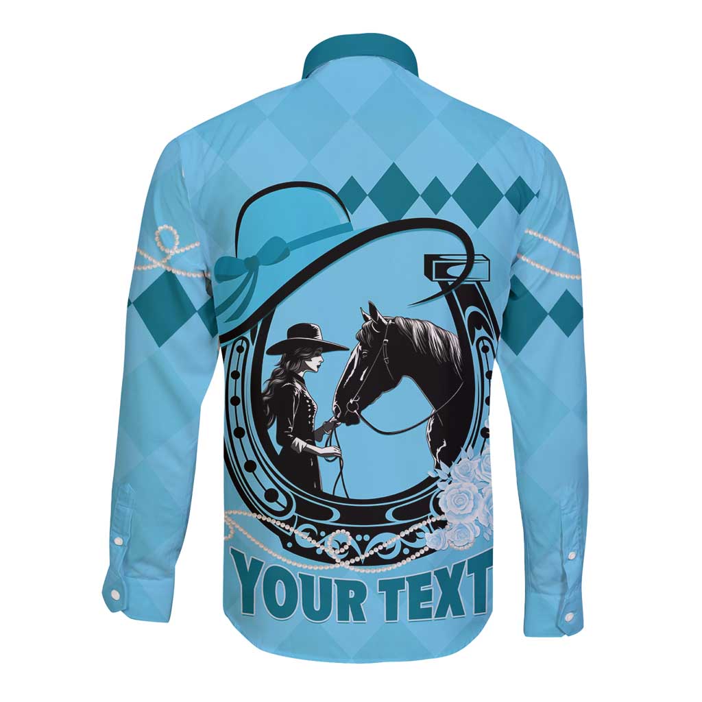 Personalized Kentucky Horse Racing Long Sleeve Button Shirt Beauty and The Horse Blue Version LT01