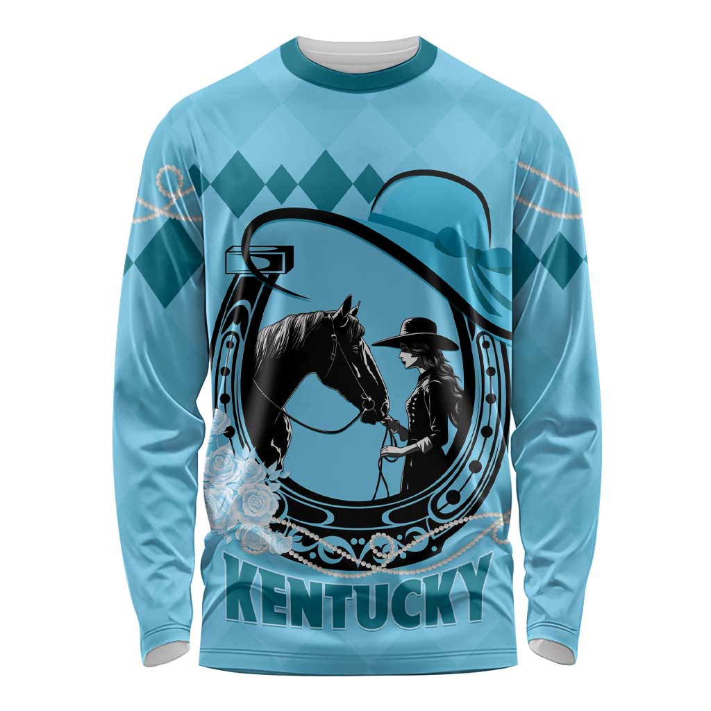 Personalized Kentucky Horse Racing Long Sleeve Shirt Beauty and The Horse Blue Version LT01