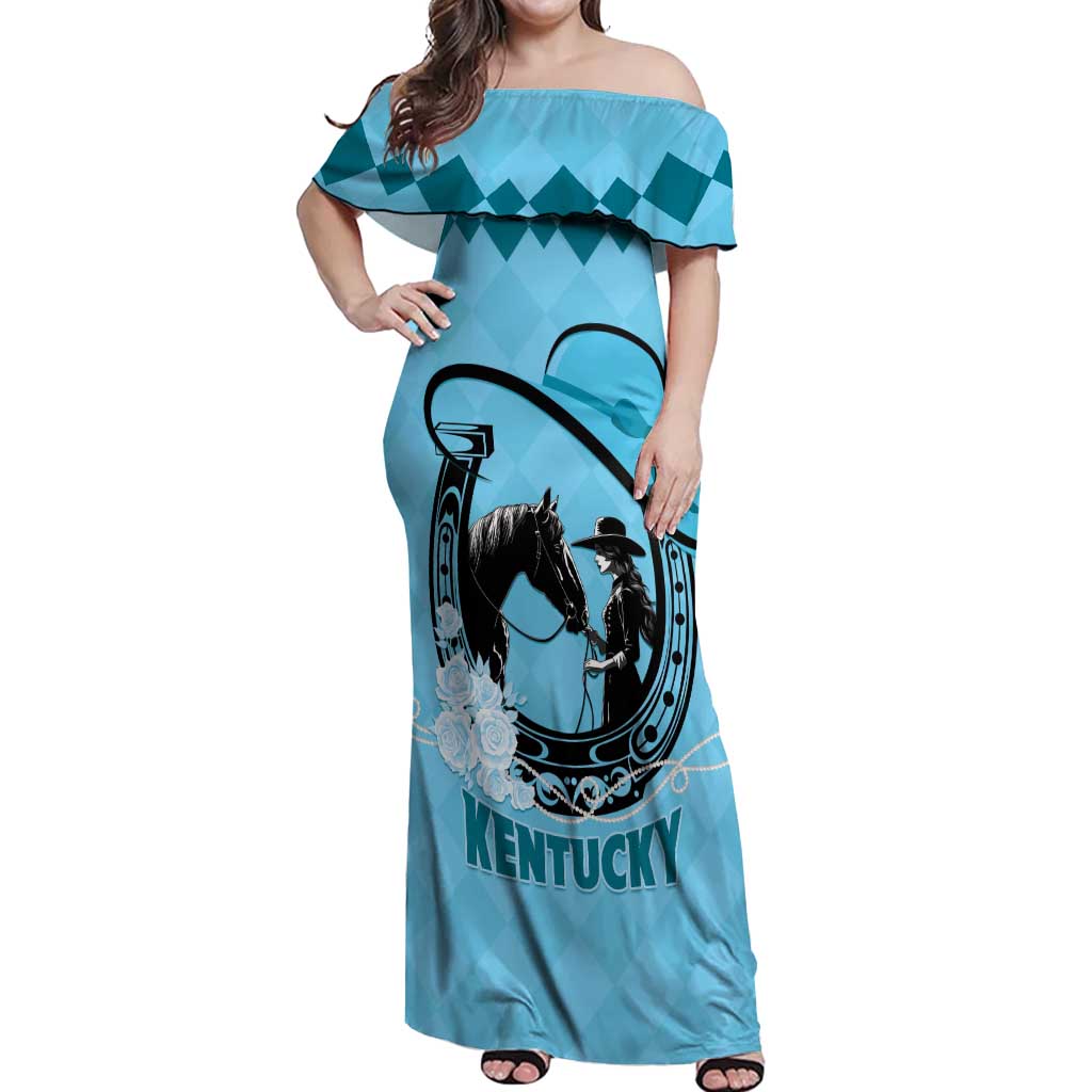 Personalized Kentucky Horse Racing Off Shoulder Maxi Dress Beauty and The Horse Blue Version LT01