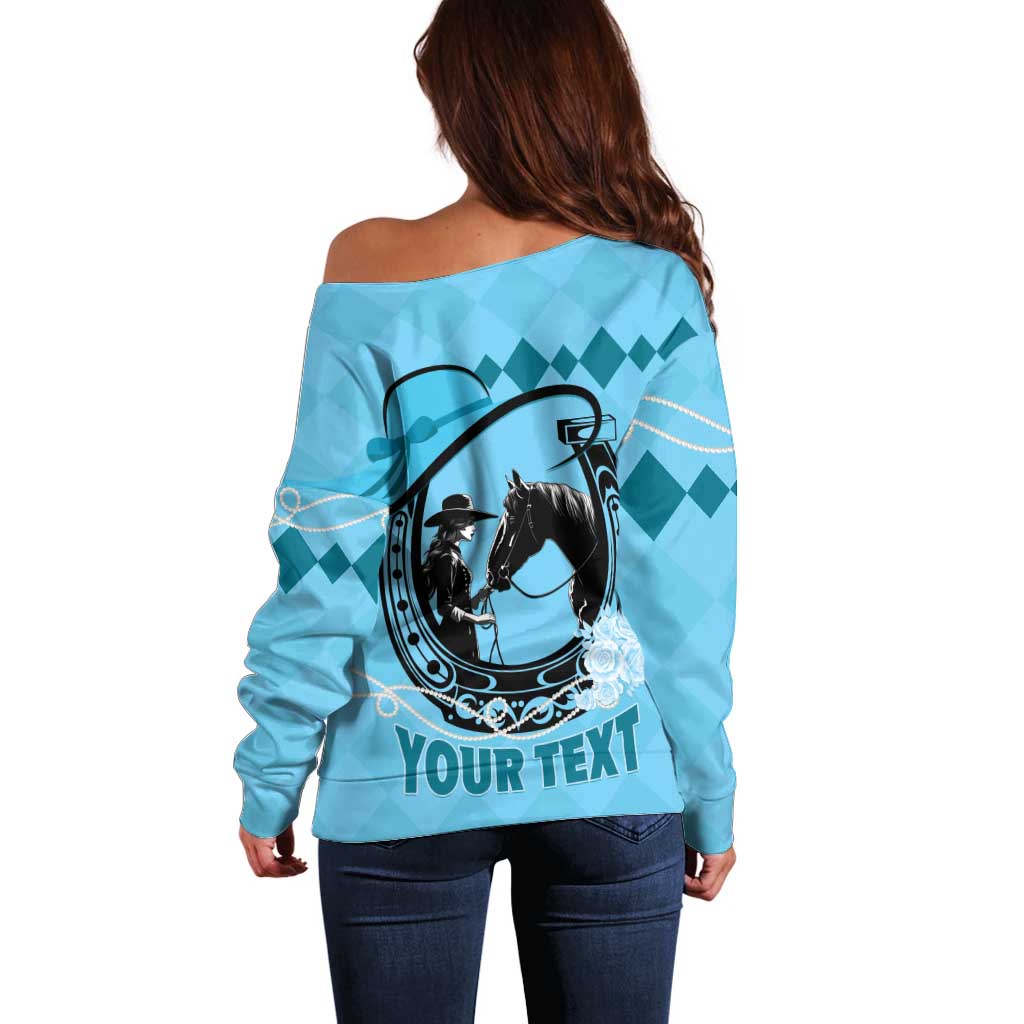 Personalized Kentucky Horse Racing Off Shoulder Sweater Beauty and The Horse Blue Version LT01