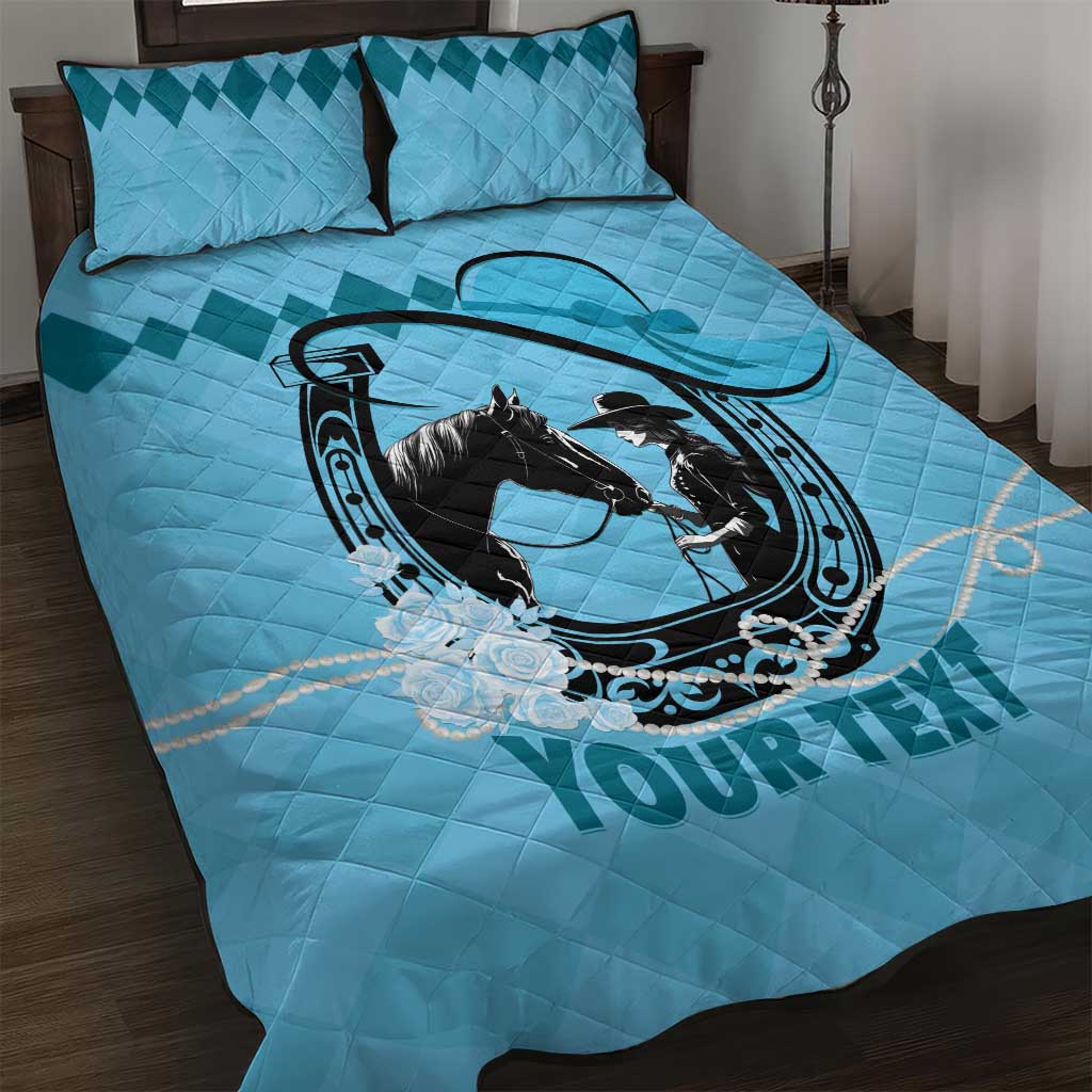 Personalized Kentucky Horse Racing Quilt Bed Set Beauty and The Horse Blue Version LT01