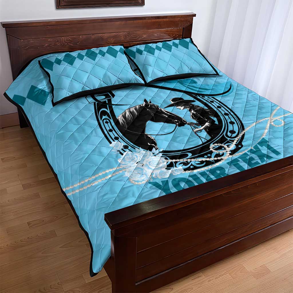 Personalized Kentucky Horse Racing Quilt Bed Set Beauty and The Horse Blue Version LT01