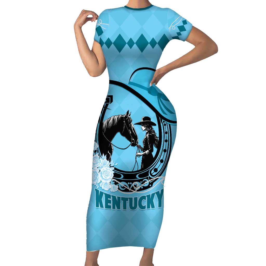Personalized Kentucky Horse Racing Short Sleeve Bodycon Dress Beauty and The Horse Blue Version LT01