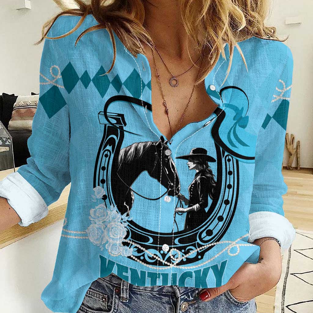 Personalized Kentucky Horse Racing Women Casual Shirt Beauty and The Horse Blue Version LT01