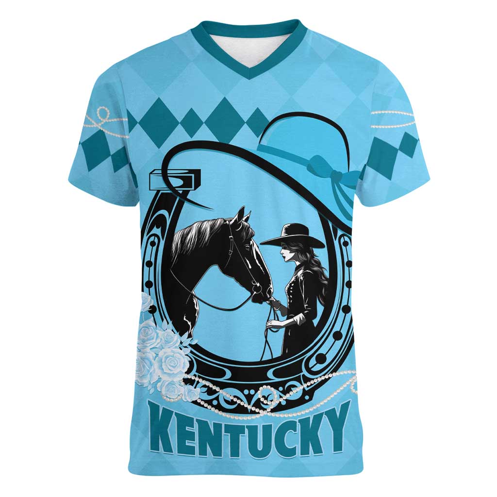Personalized Kentucky Horse Racing Women V-Neck T-Shirt Beauty and The Horse Blue Version LT01