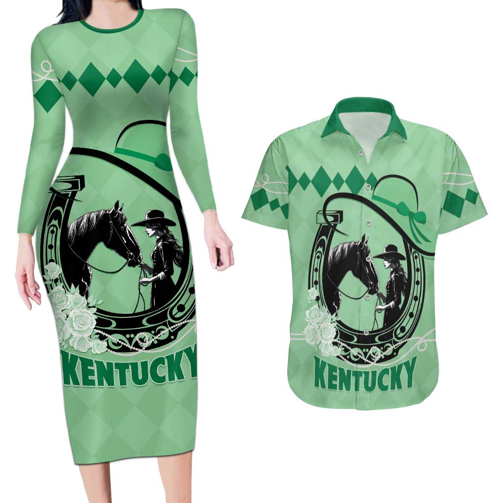 Personalized Kentucky Horse Racing Couples Matching Long Sleeve Bodycon Dress and Hawaiian Shirt Beauty and The Horse Green Version LT01