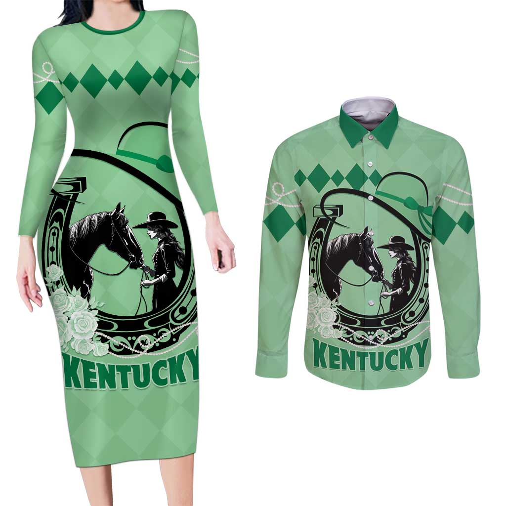 Personalized Kentucky Horse Racing Couples Matching Long Sleeve Bodycon Dress and Long Sleeve Button Shirt Beauty and The Horse Green Version LT01