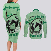 Personalized Kentucky Horse Racing Couples Matching Long Sleeve Bodycon Dress and Long Sleeve Button Shirt Beauty and The Horse Green Version LT01