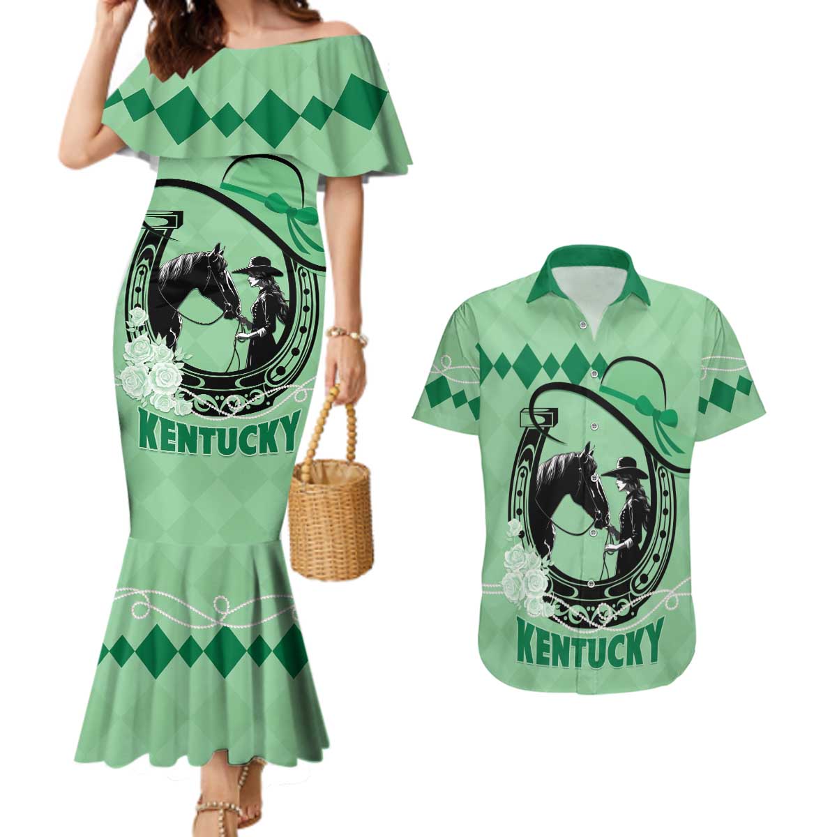 Personalized Kentucky Horse Racing Couples Matching Mermaid Dress and Hawaiian Shirt Beauty and The Horse Green Version LT01
