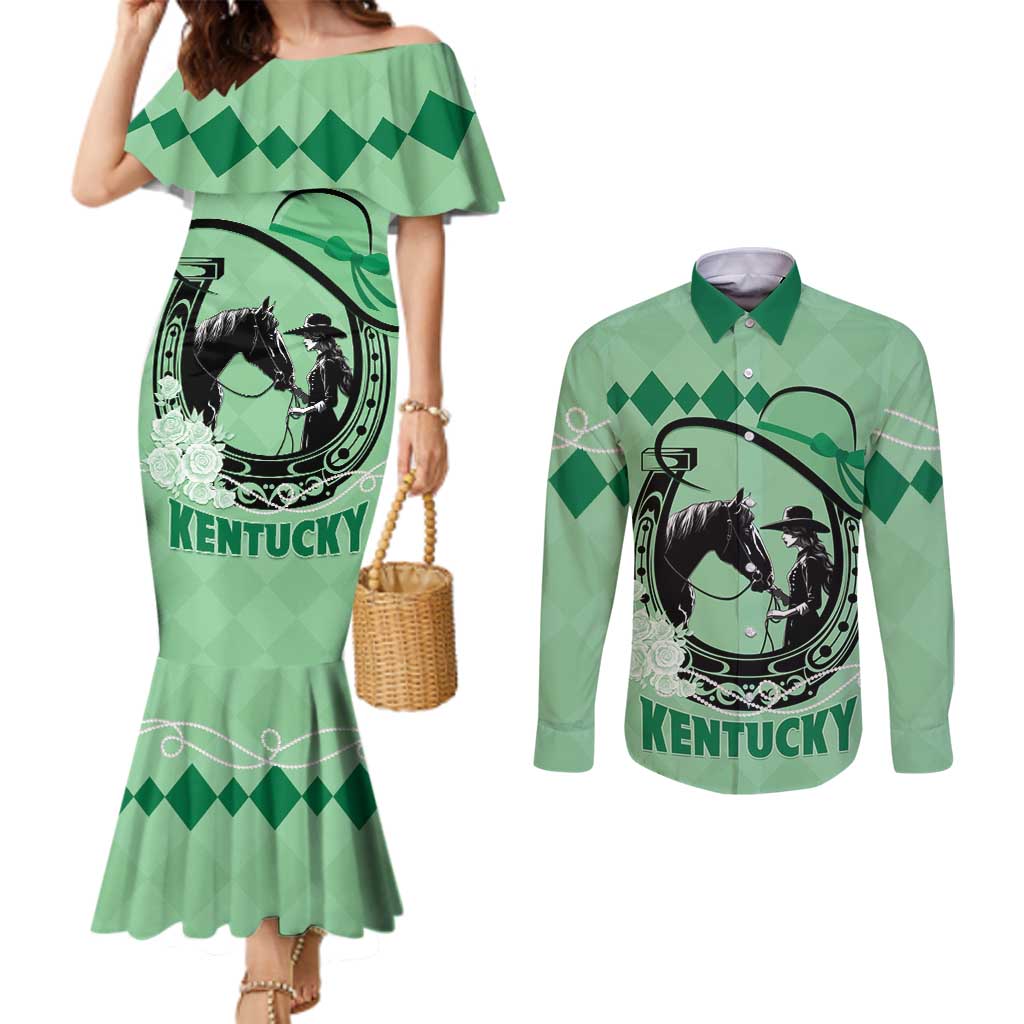 Personalized Kentucky Horse Racing Couples Matching Mermaid Dress and Long Sleeve Button Shirt Beauty and The Horse Green Version LT01